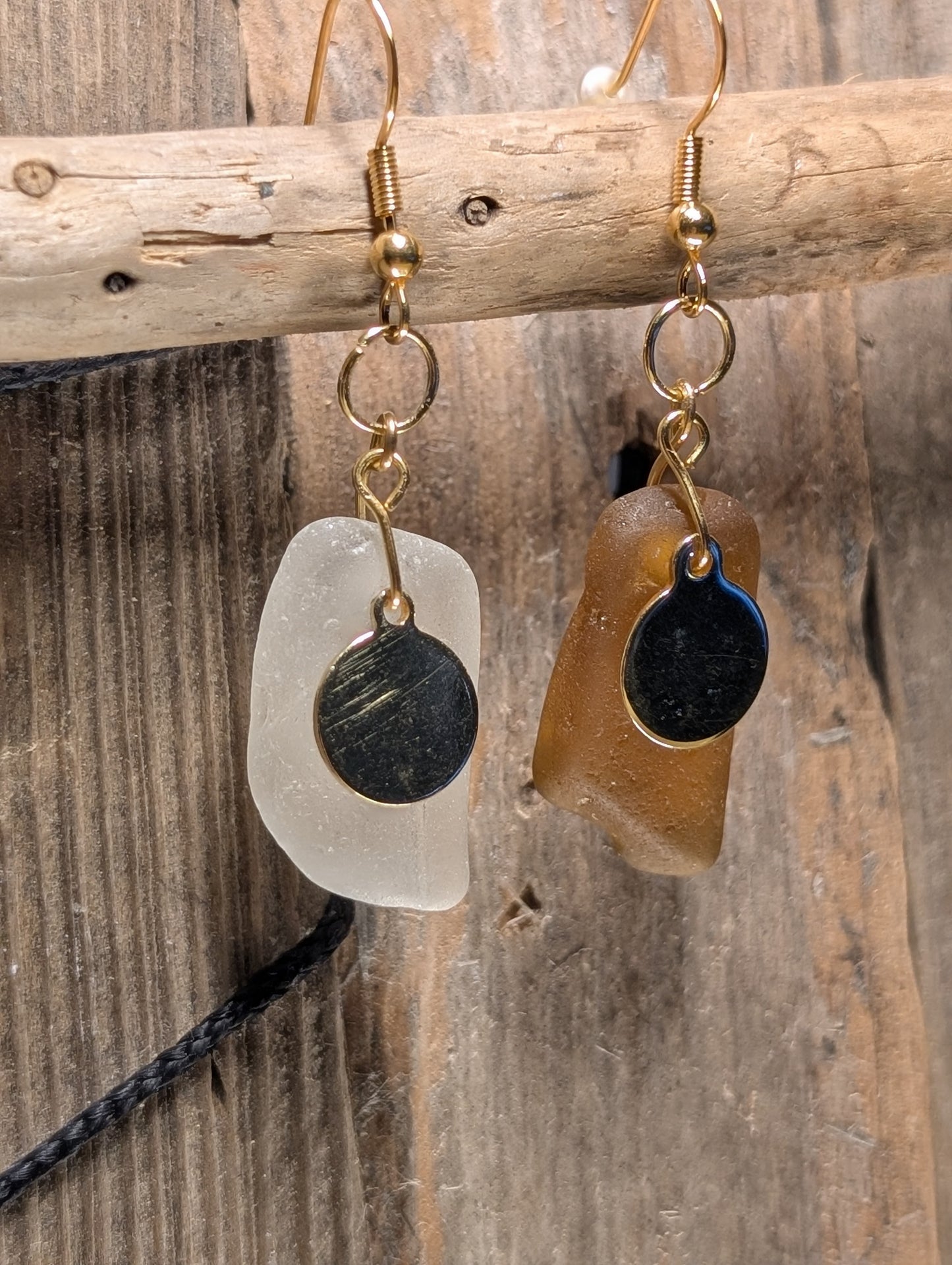 Brown & White Beach Glass Earrings