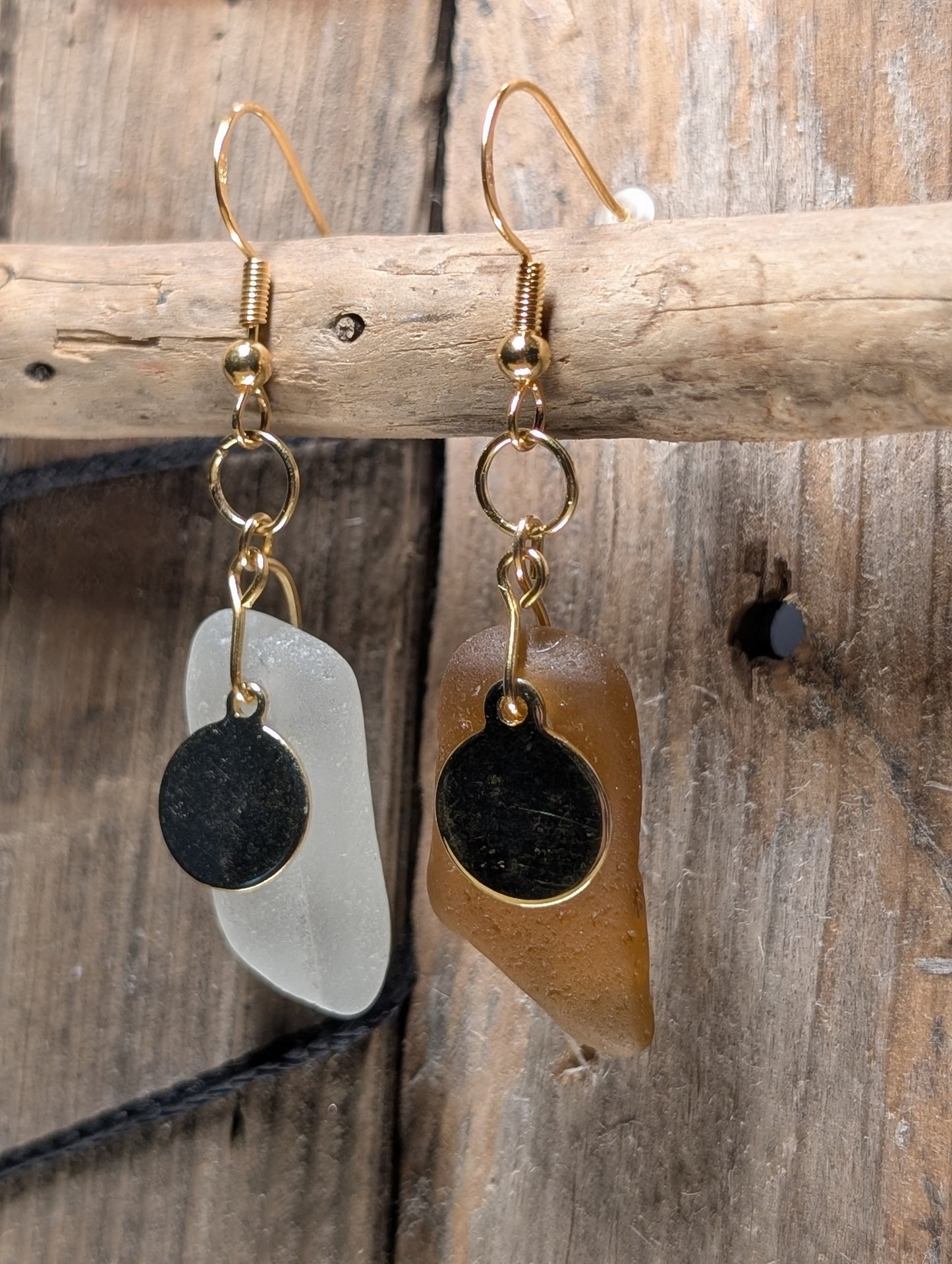 Brown & White Beach Glass Earrings