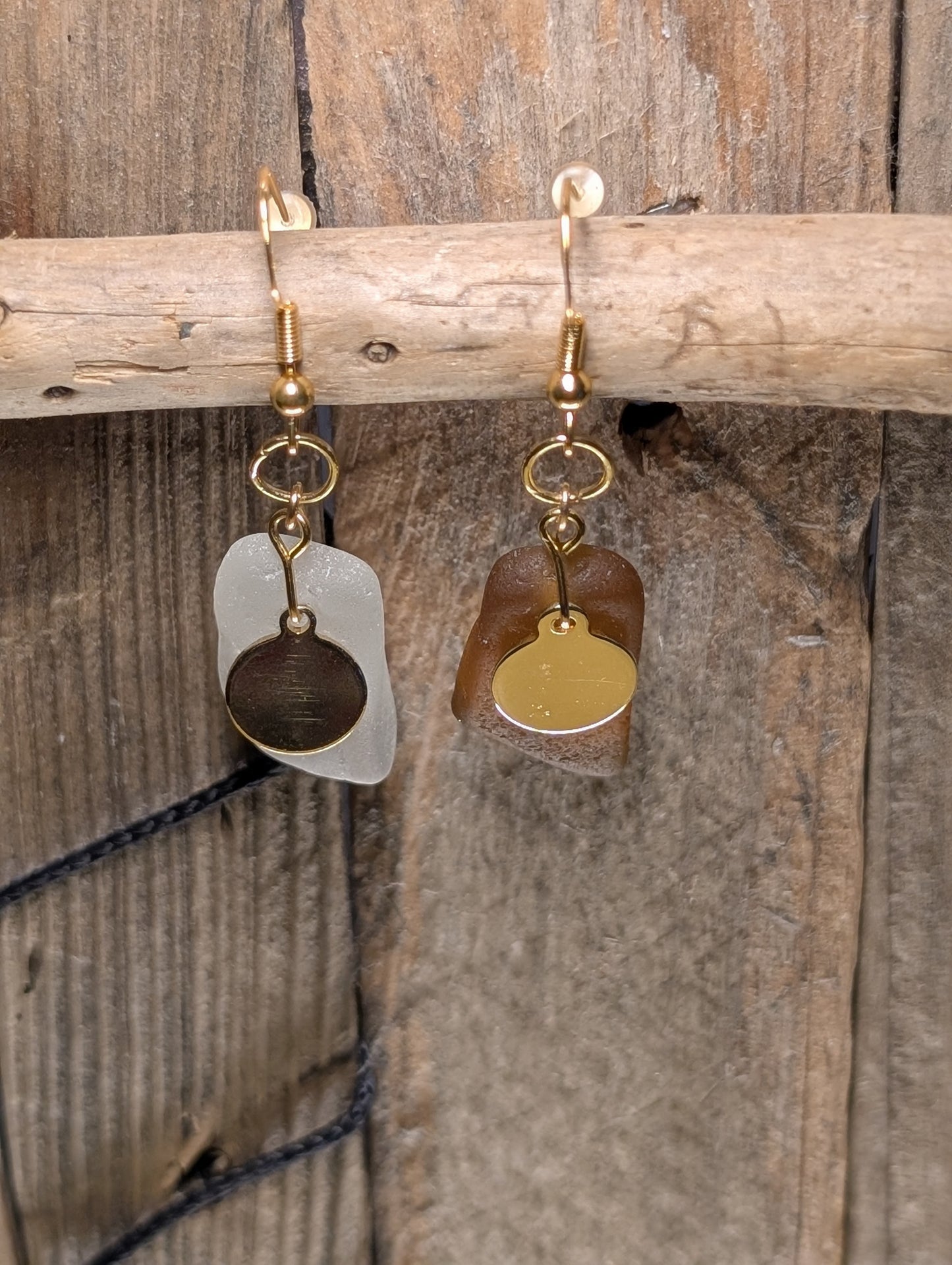 Brown & White Beach Glass Earrings