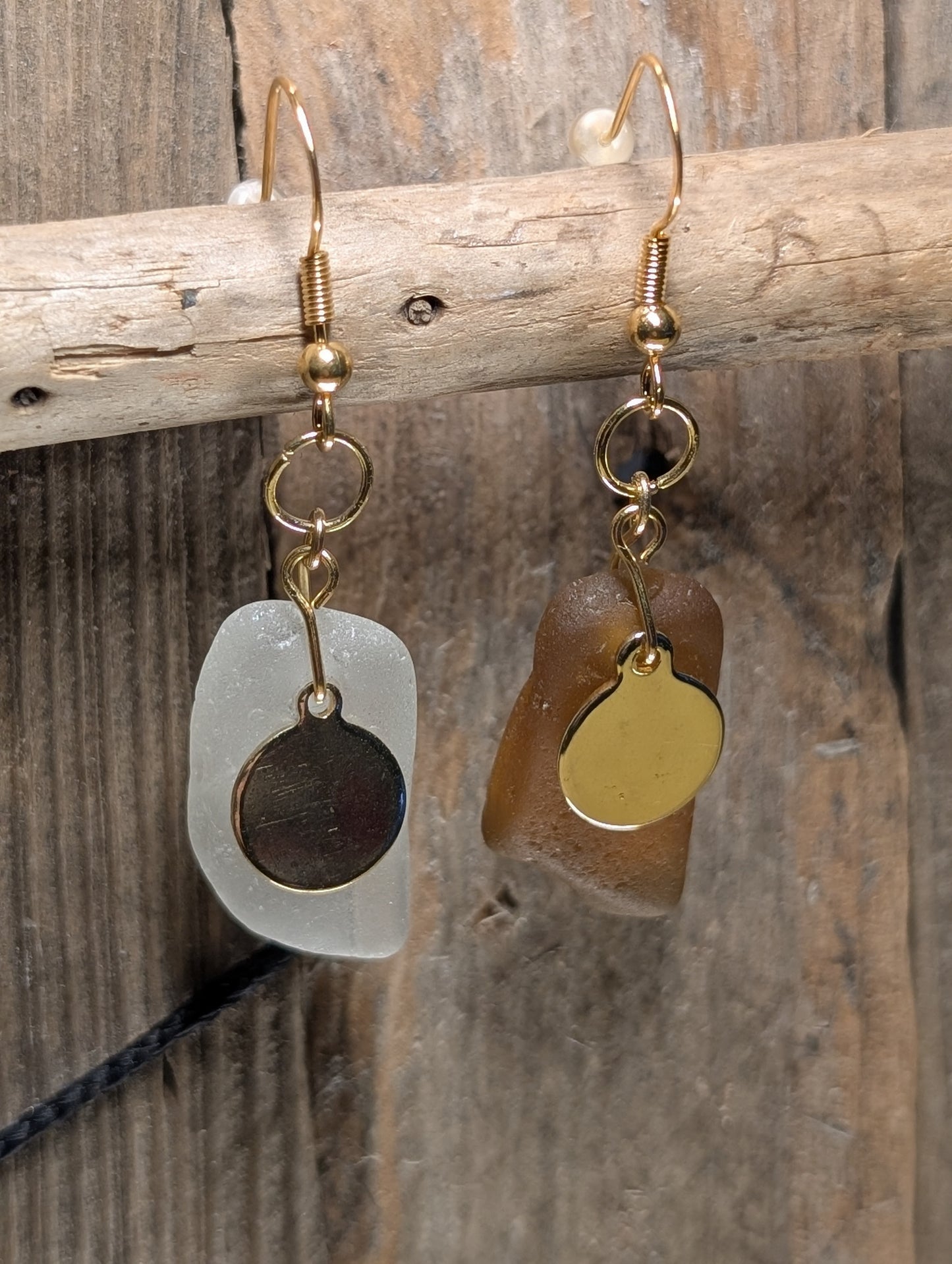 Brown & White Beach Glass Earrings