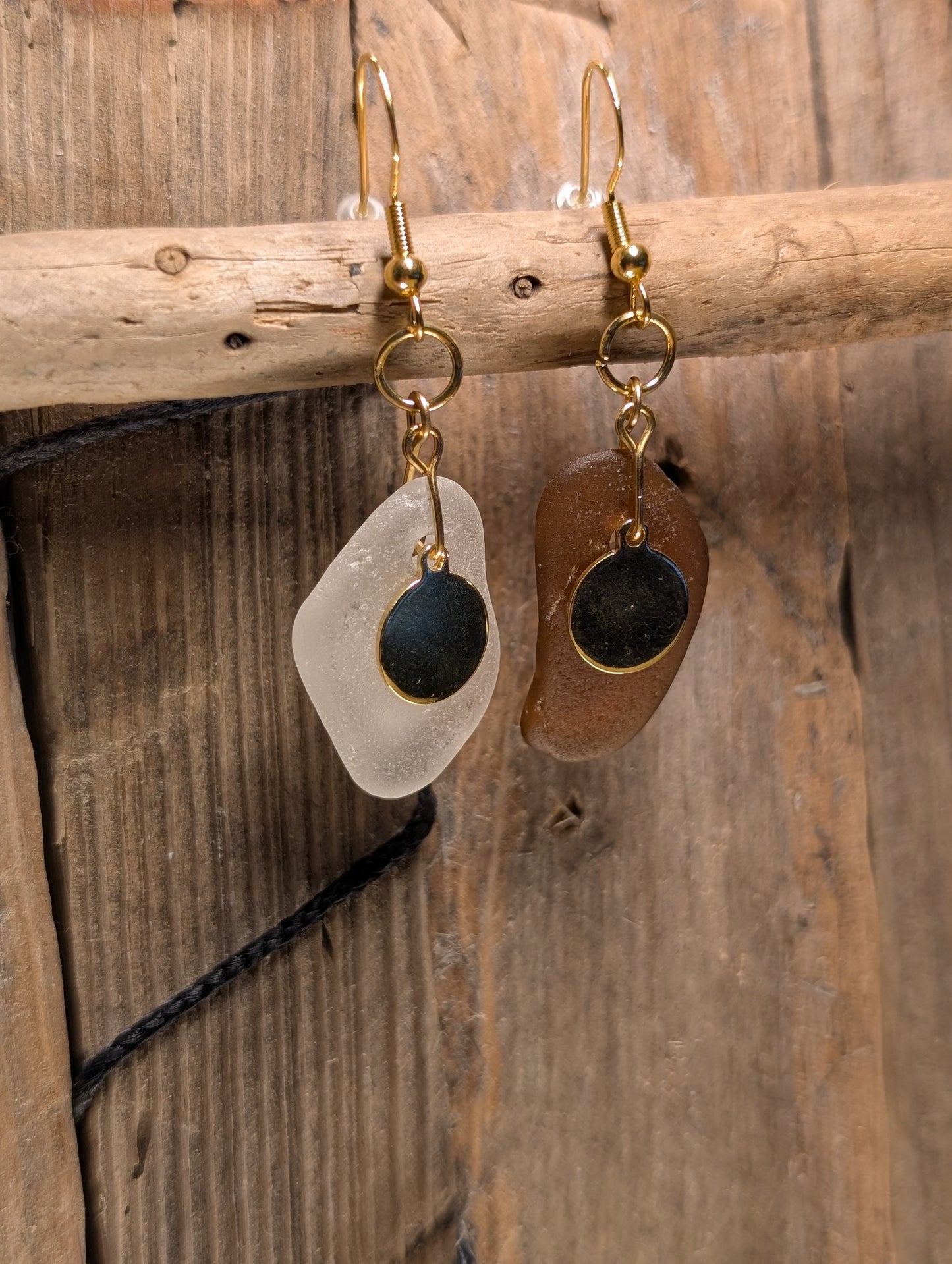 Brown & White Beach Glass Earrings