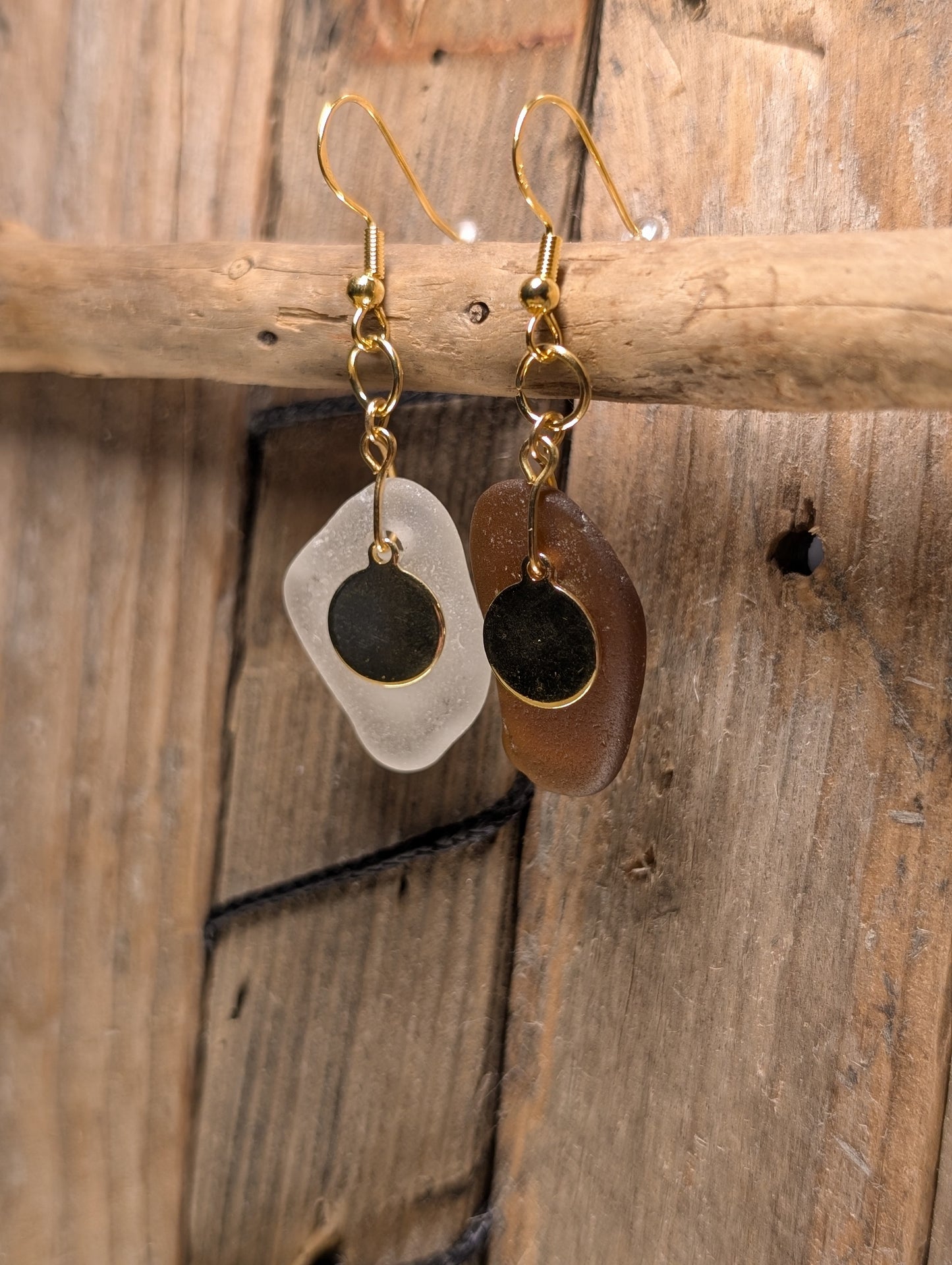 Brown & White Beach Glass Earrings