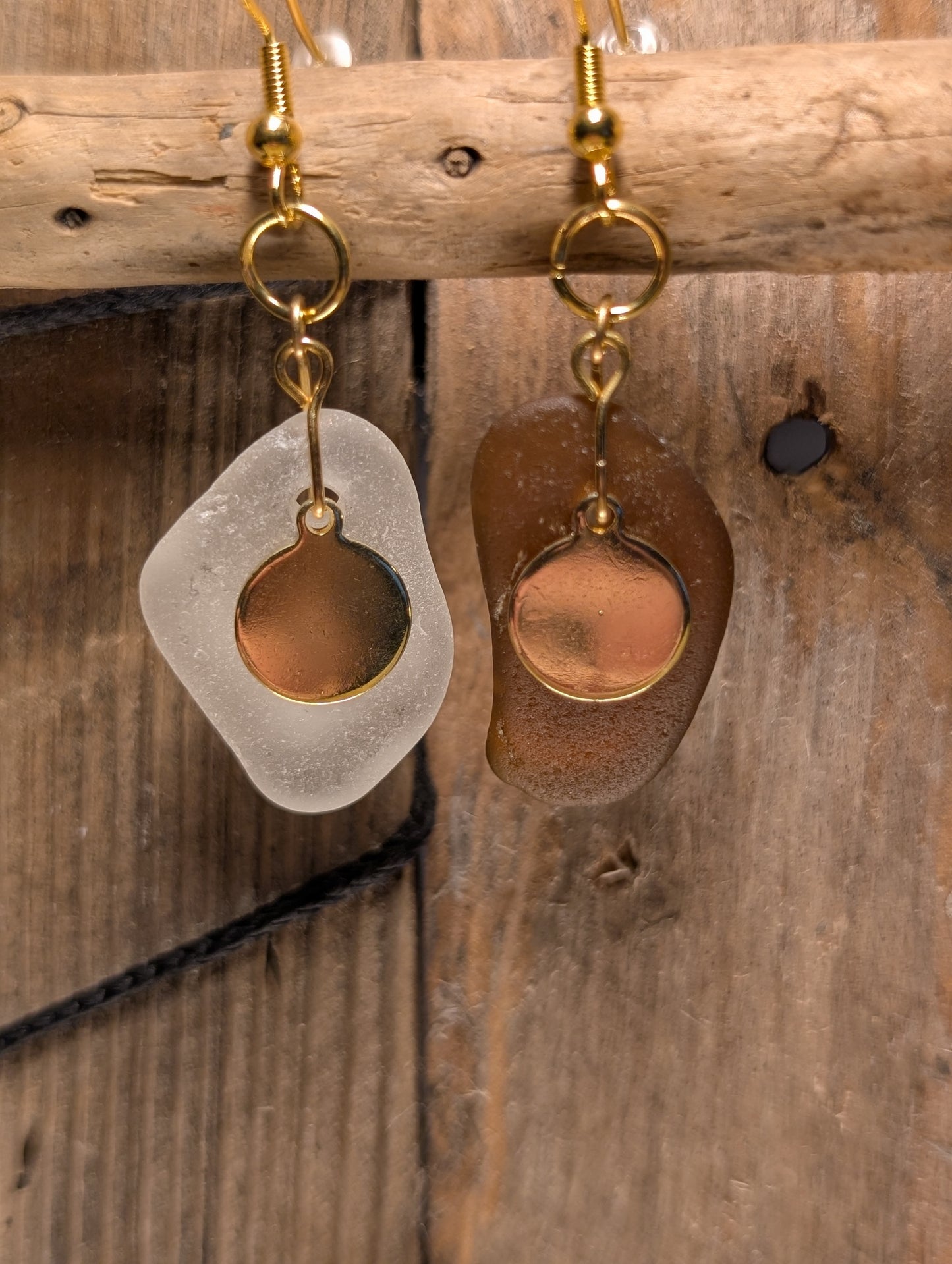 Brown & White Beach Glass Earrings