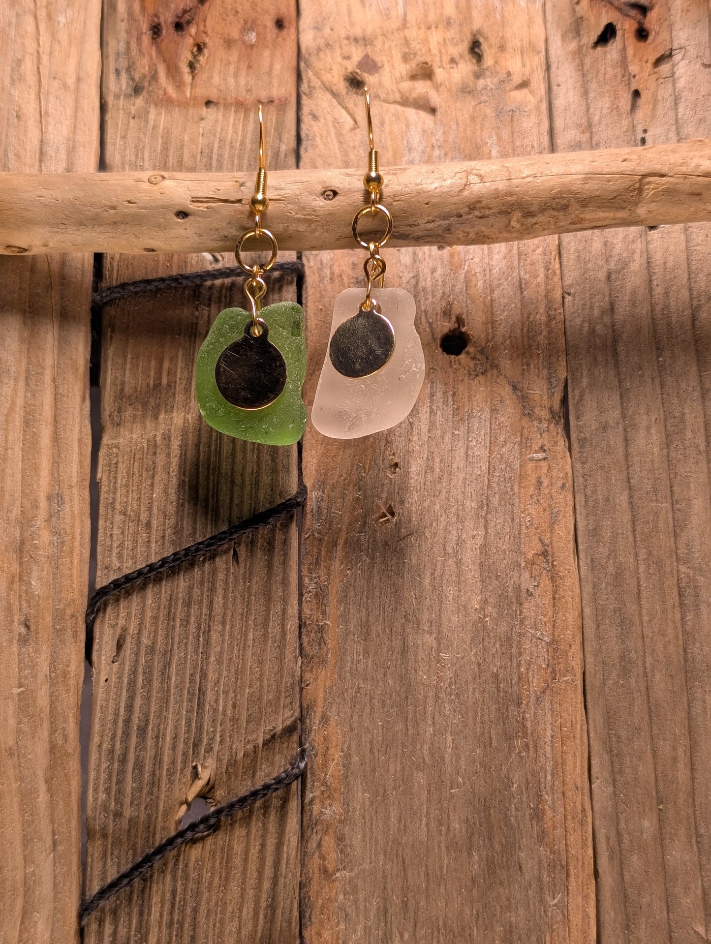 Green & White Beach Glass Earrings