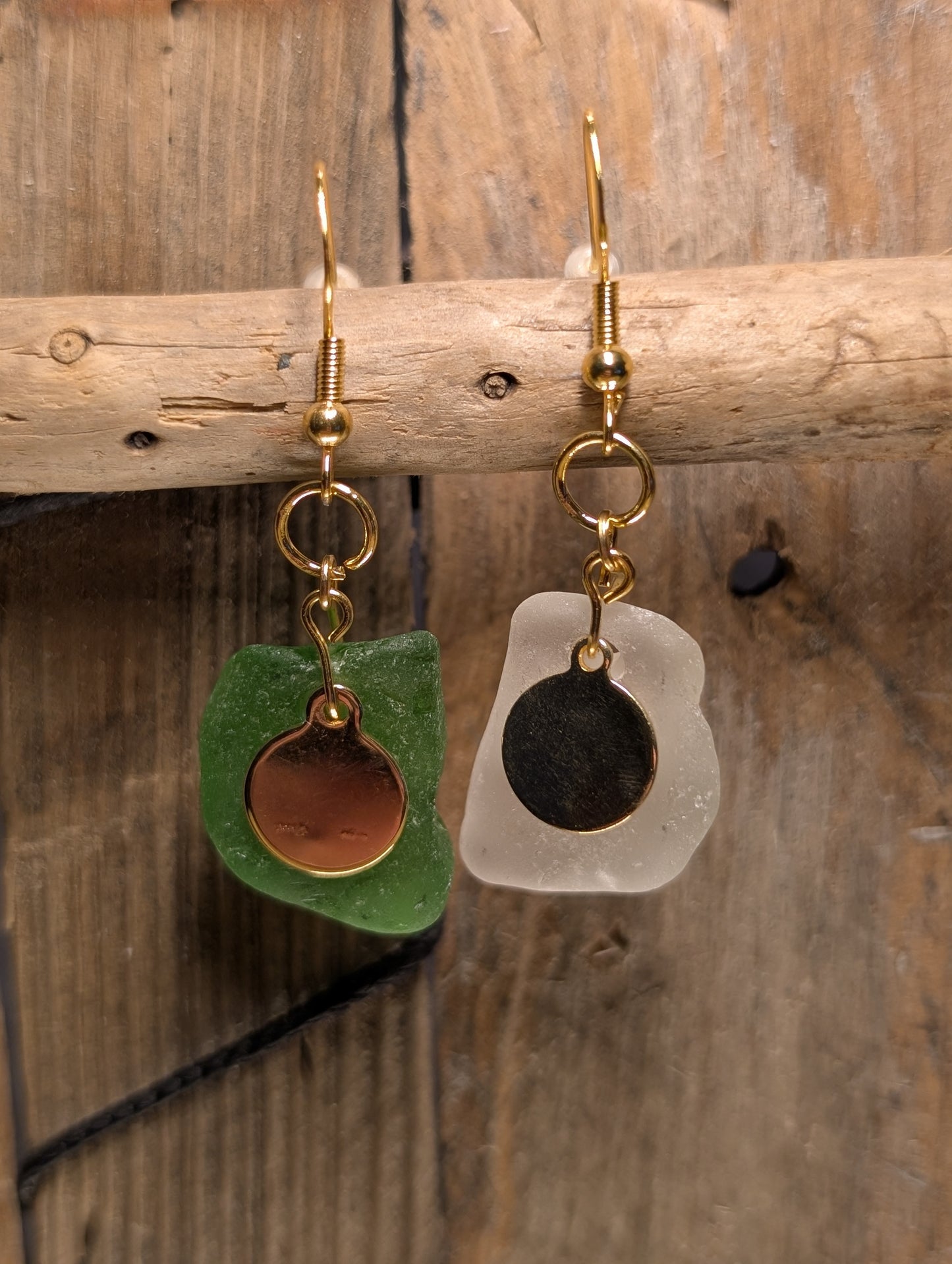 Green & White Beach Glass Earrings