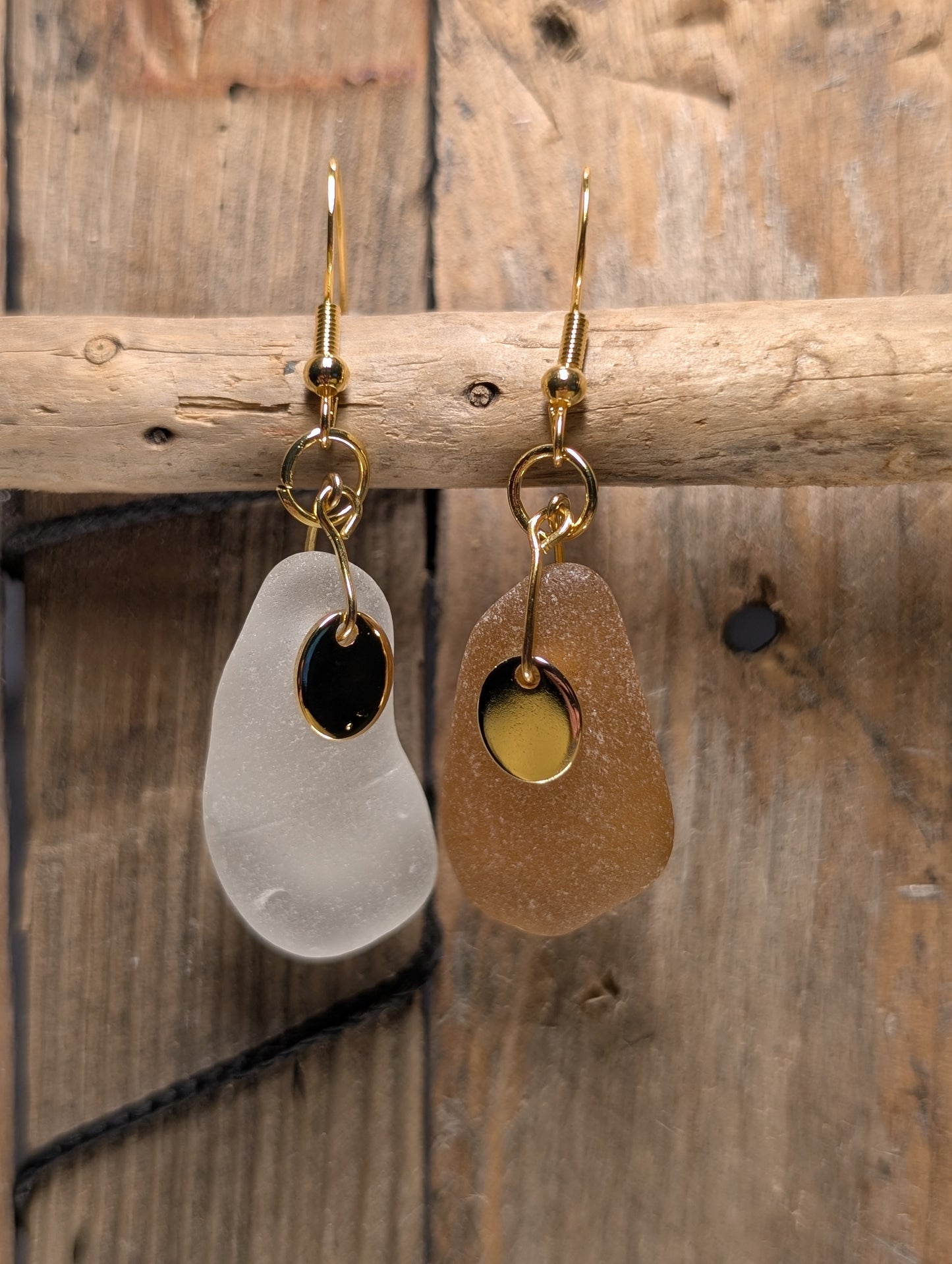 Brown & White Beach Glass Earrings