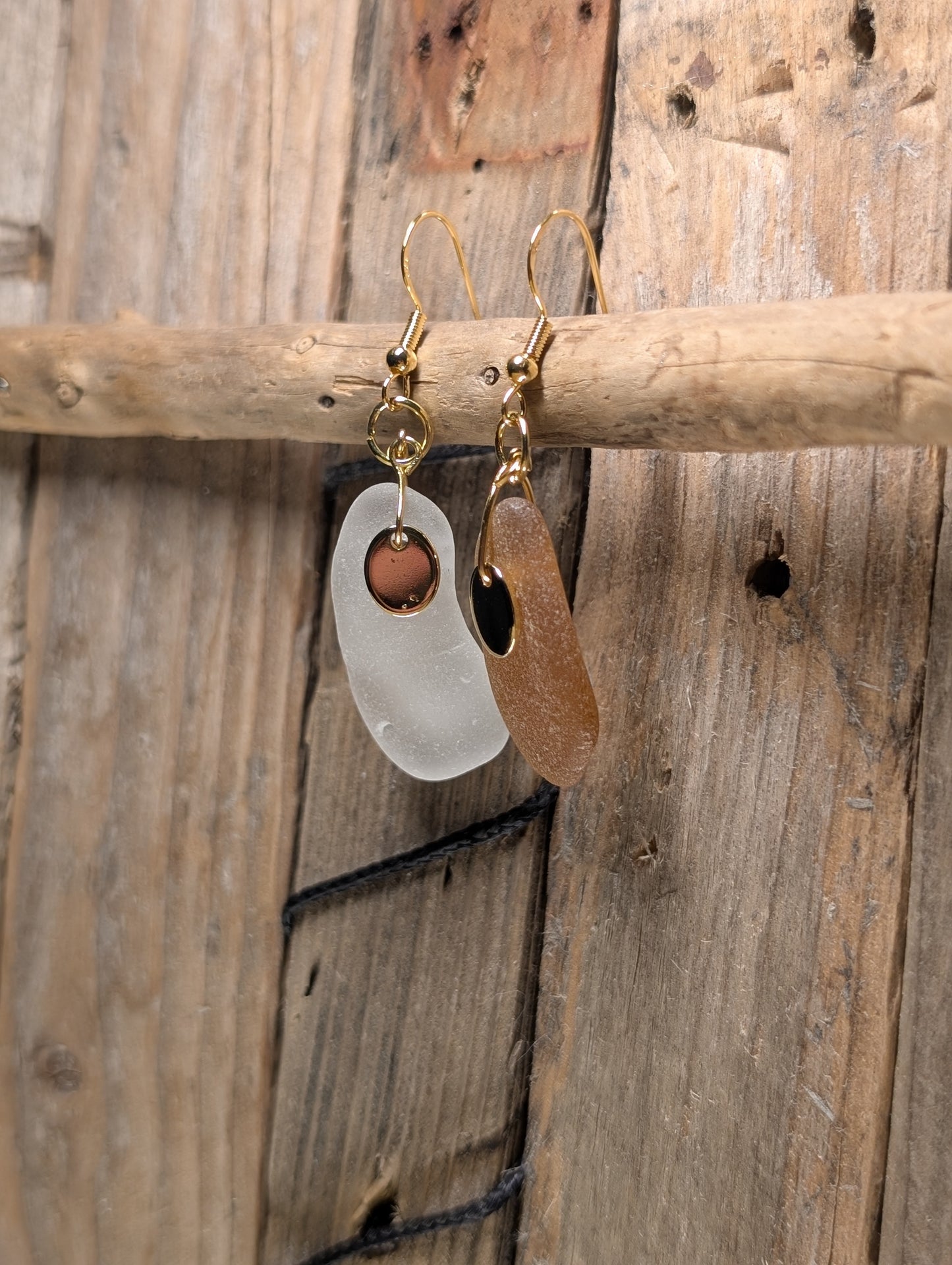 Brown & White Beach Glass Earrings