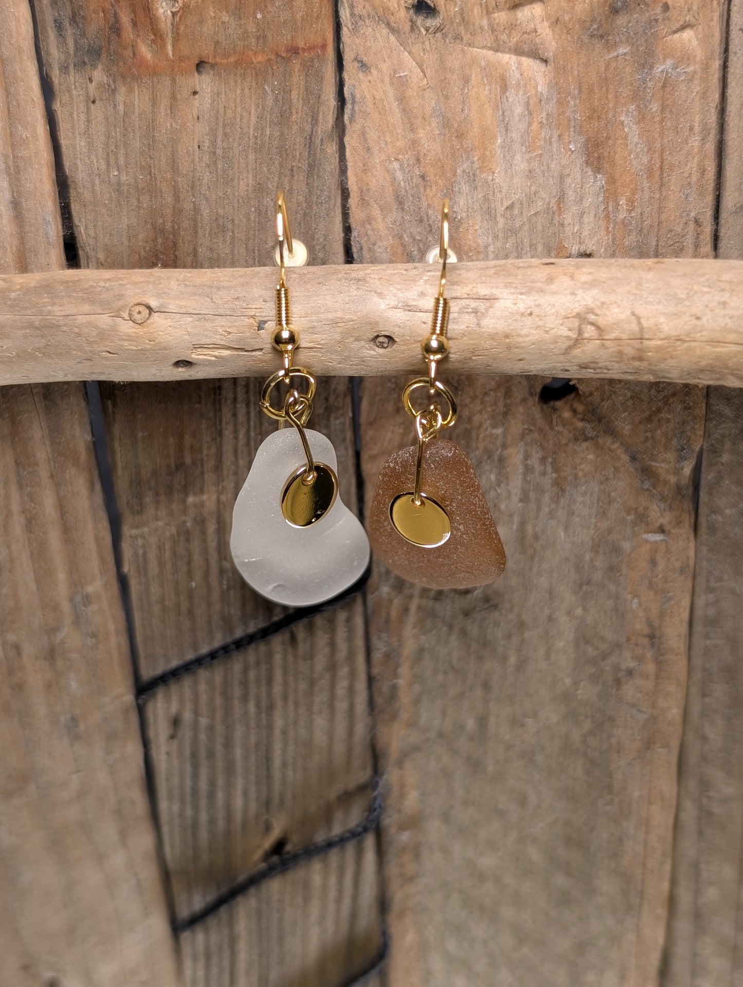Brown & White Beach Glass Earrings