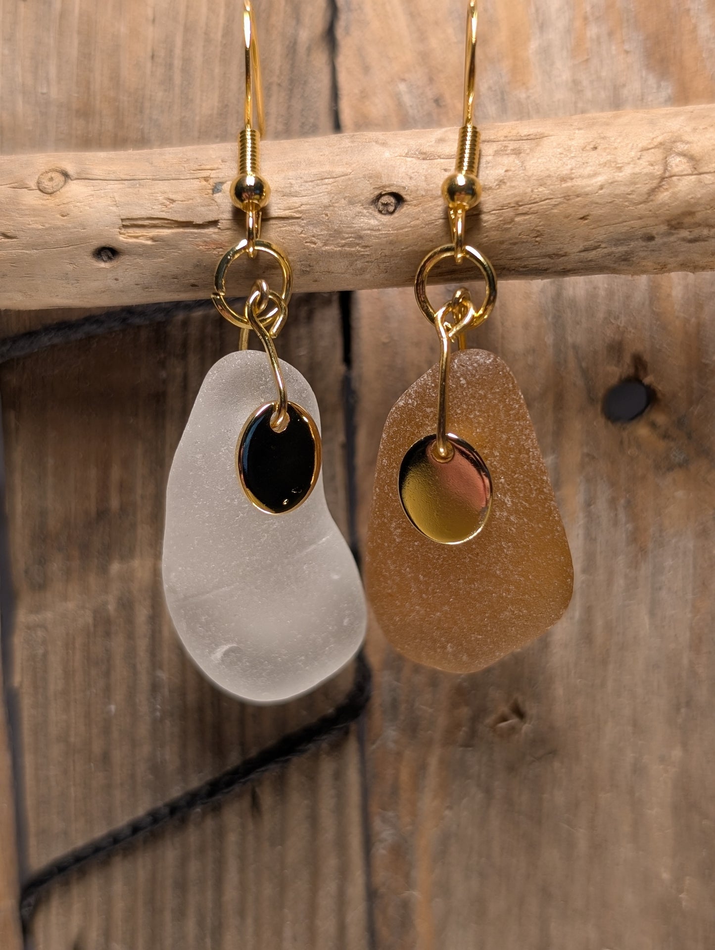 Brown & White Beach Glass Earrings