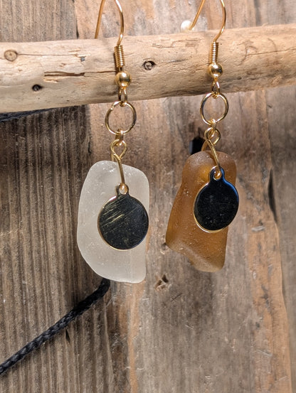 Brown & White Beach Glass Earrings