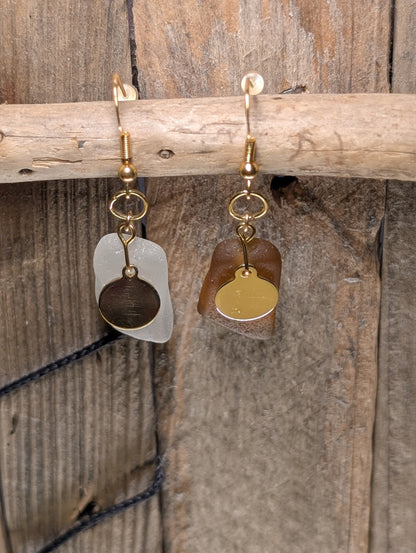 Brown & White Beach Glass Earrings
