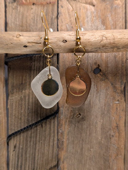 Brown & White Beach Glass Earrings