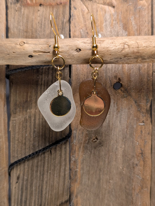 Brown & White Beach Glass Earrings