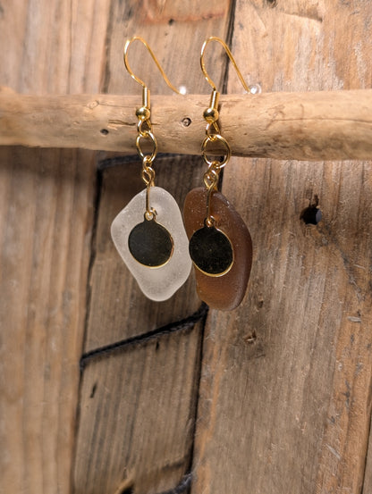 Brown & White Beach Glass Earrings