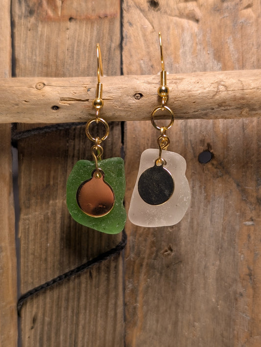 Green & White Beach Glass Earrings