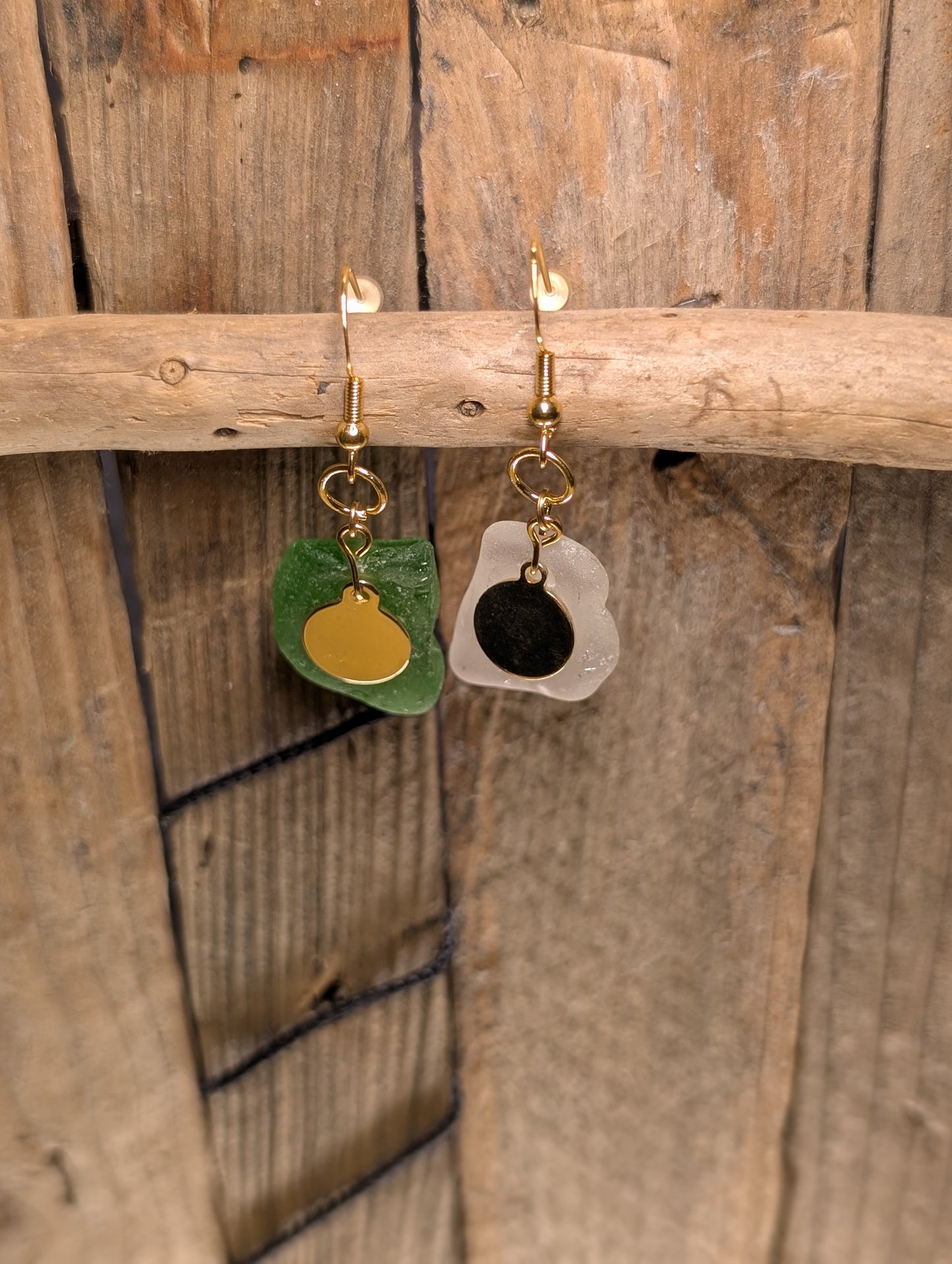 Green & White Beach Glass Earrings