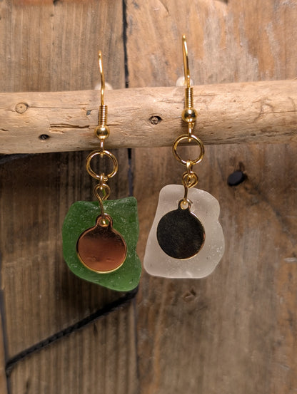 Green & White Beach Glass Earrings