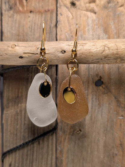Brown & White Beach Glass Earrings
