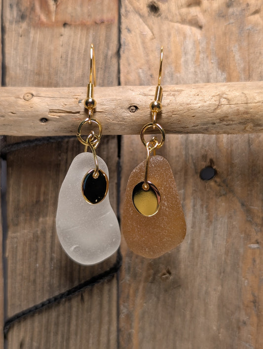 Brown & White Beach Glass Earrings
