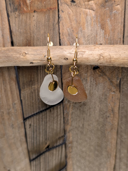 Brown & White Beach Glass Earrings