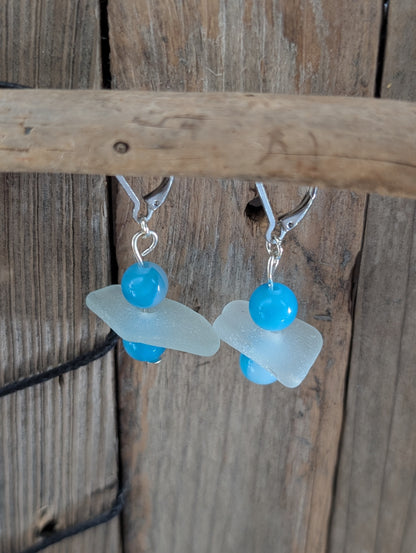Blue Beads & Beach Glass Earrings