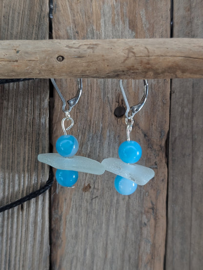 Blue Beads & Beach Glass Earrings