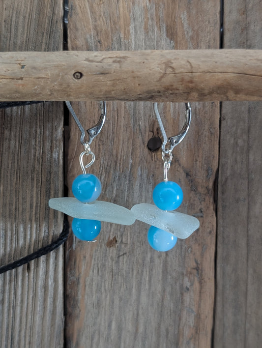 Blue Beads & Beach Glass Earrings